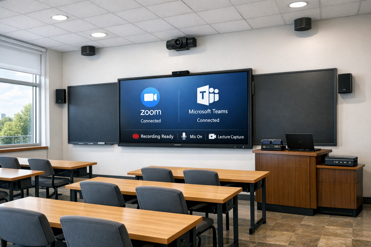 Integrated smart classroom wall with interactive display, dual side blackboards, cameras, microphones, speakers, and recording-ready hybrid teaching setup