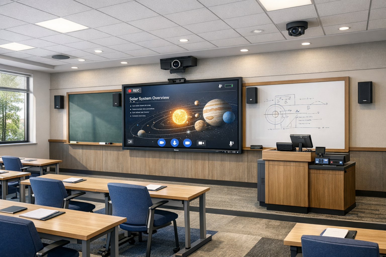 Smart classroom in Pakistan with solar system lesson on an interactive display